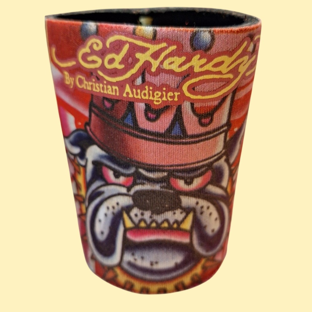 Ed Hardy Christian Audigier Bulldog Tattoo Neoprene Can Cooler Koozie Red Y2K